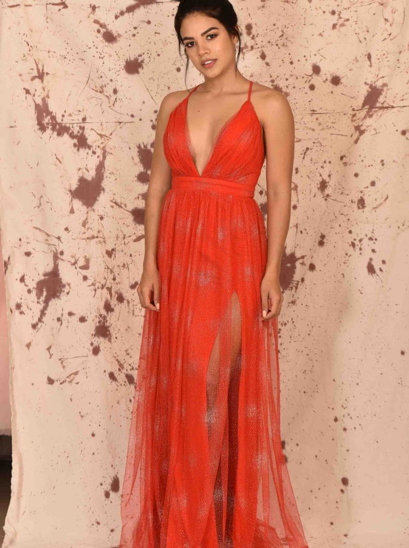 Vestido de fiesta largo rojo con escote v y abertura falda Size XS Colours  RED Colours Categorie ROJOS