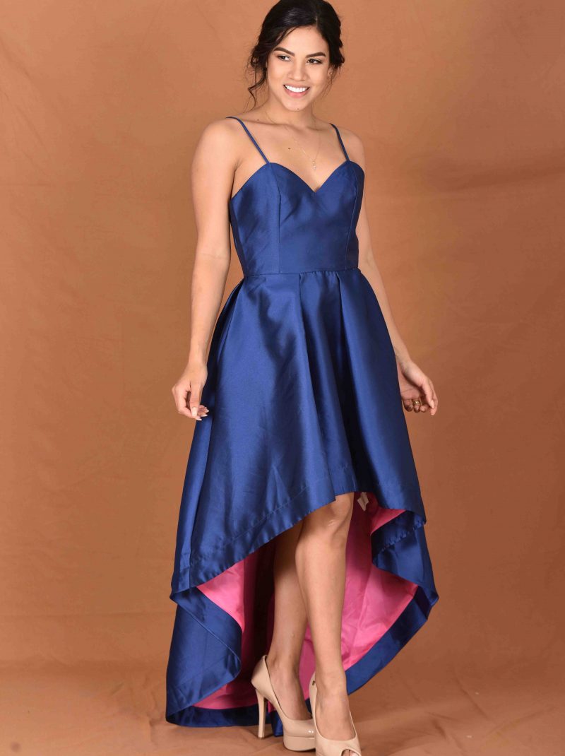 Vestido cola de pato azul fucsia | Casa Solorzano