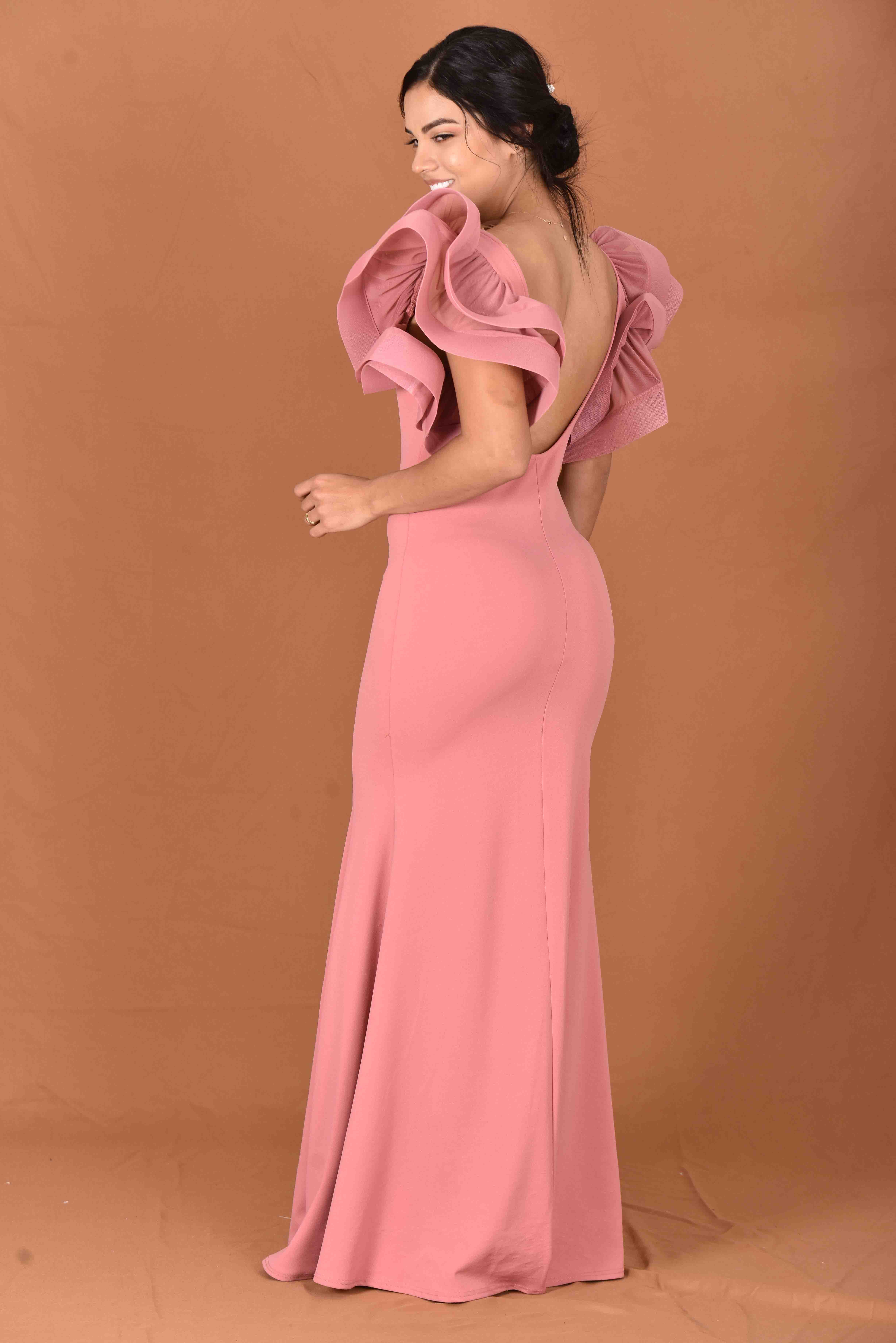 Vestido palo de rosa con boleros en mangas | Casa Solorzano